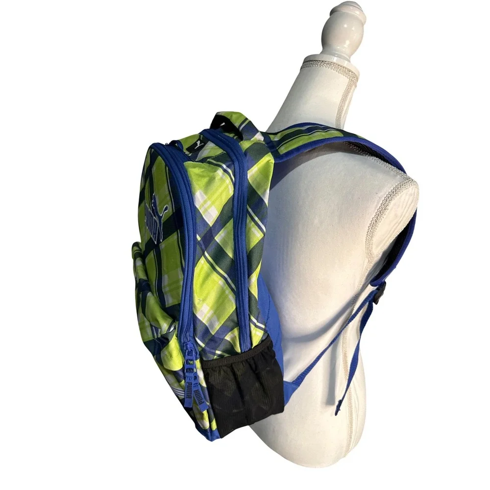 Puma Backpack Lime Green Navy Blue Plaid Sport School OSFA Pad Straps Like New